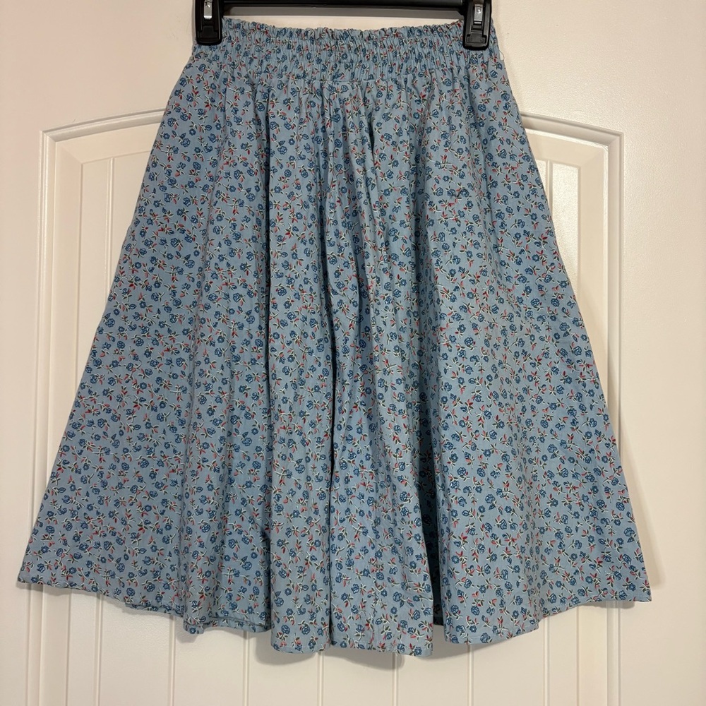 Vintage Ditzy Floral Skirt 80s Knee Length Blue Pink Flowers Pockets